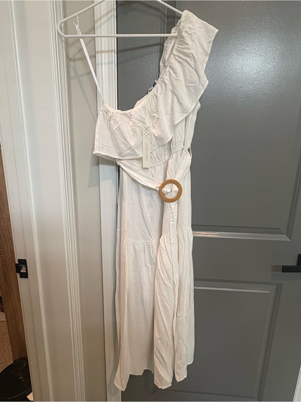 She + Sky One-Shoulder White Ruffle Midi Dress with Belt - Picture 2 of 5